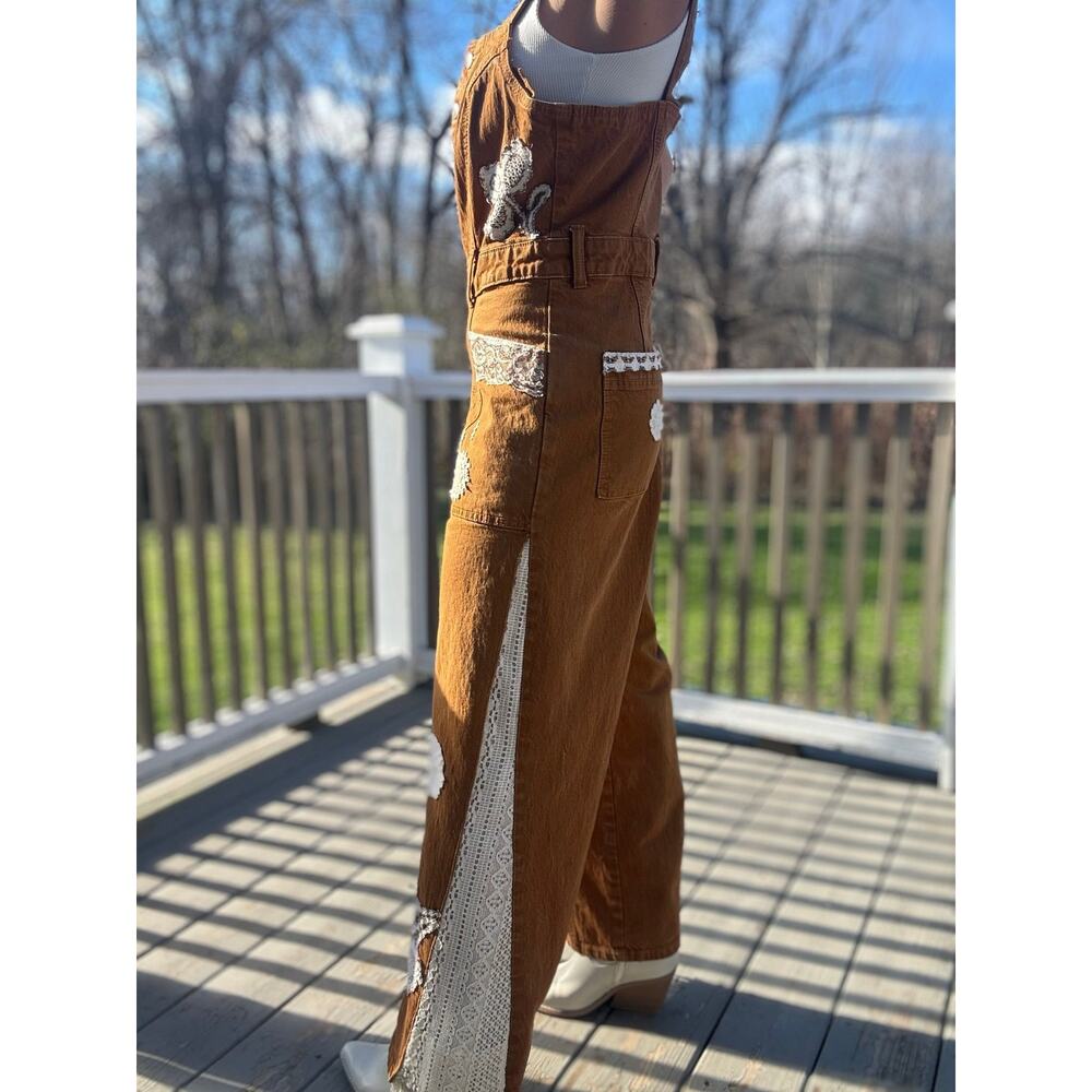 Up-cycles by Ckay | Hand Sewn Lace & Crochet Patchwork Flare Overalls - Picture 5 of 8